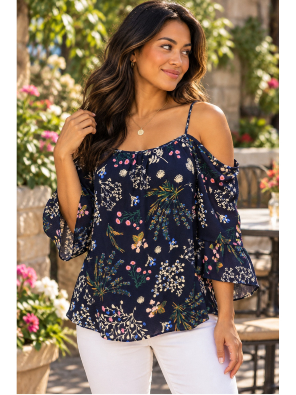 Hail3y:23 Navy Floral Cold Shoulder Top Womens Small Ruffle Sleeve Blouse